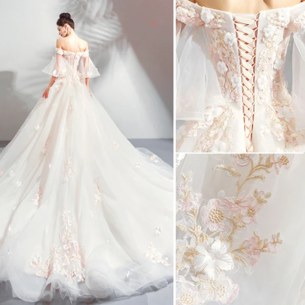 Charming Champagne Wedding Dresses 2019 A-Line / Princess Off-The-Shoulder Appliques Embroidered Pearl 3/4 Sleeve Backless Cathedral Train
