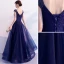 Chic / Beautiful Navy Blue Evening Dresses  2019 A-Line / Princess V-Neck Beading Lace Flower Bow Sleeveless Backless Floor-Length / Long Formal Dresses