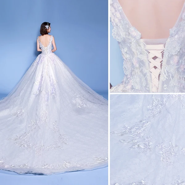Élégant Ivoire Robe De Mariée 2019 Princesse Encolure Dégagée Appliques Perle En Dentelle Fleur Sans Manches Dos Nu Cathedral Train