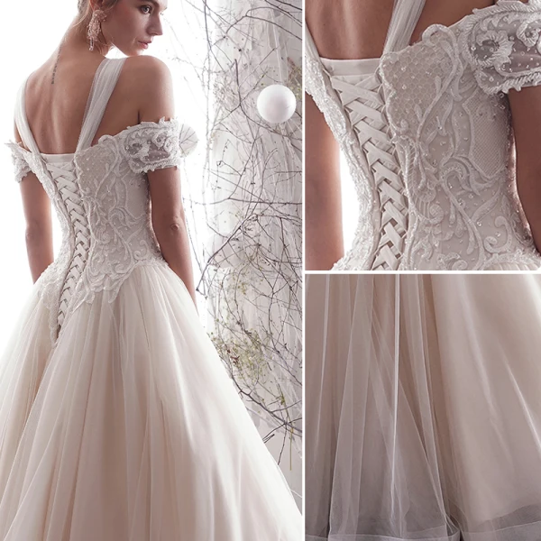 Elegant Champagne Wedding Dresses 2019 A-Line / Princess Off-The-Shoulder Beading Lace Flower Short Sleeve Backless Floor-Length / Long