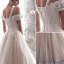 Elegant Champagne Wedding Dresses 2019 A-Line / Princess Off-The-Shoulder Beading Lace Flower Short Sleeve Backless Floor-Length / Long