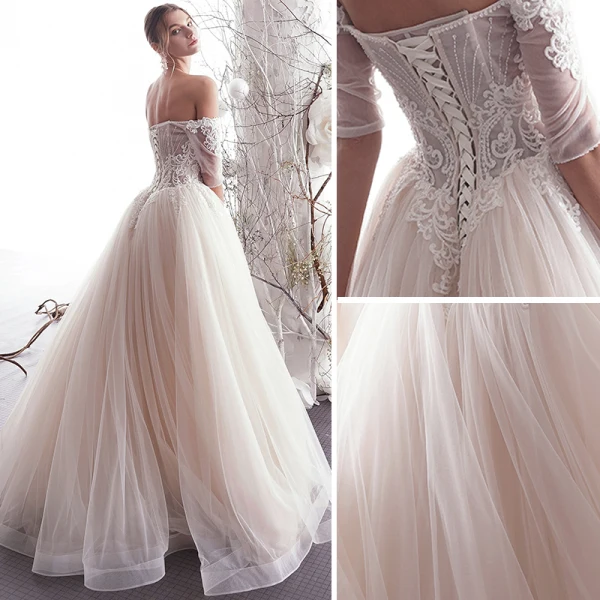 Charming Champagne Wedding Dresses 2019 A-Line / Princess Off-The-Shoulder Beading Lace Flower Short Sleeve Backless Floor-Length / Long