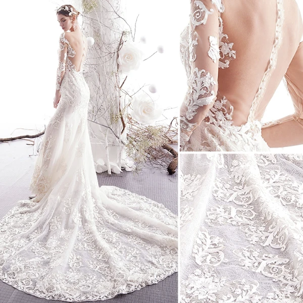 Charmant Ivoire Robe De Mariée 2019 Trompette / Sirène Transparentes Encolure Dégagée Perlage En Dentelle Fleur 3/4 Manches Chapel Train