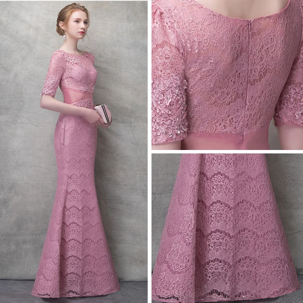 Chic / Beautiful Candy Pink Evening Dresses 2017 Trumpet / Mermaid Lace Sequins Pierced Scoop Neck 1/2 Sleeves Ankle Length Formal Dresses