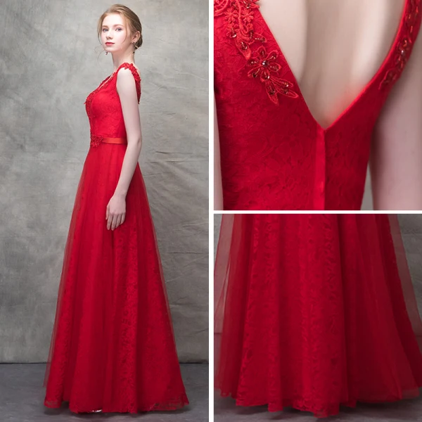 Chic / Belle Rouge Robe De Soirée 2017 Princesse Cristal En Dentelle Fleur Perlage Paillettes V-Cou Dos Nu Longueur Cheville Robe De Ceremonie