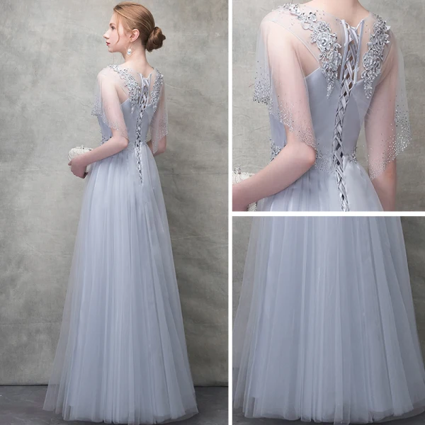 Chic / Beautiful Grey Evening Dresses 2018 A-Line / Princess Lace Flower Crystal Pearl Scoop Neck Short Sleeve Ankle Length Formal Dresses
