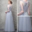 Chic / Beautiful Grey Evening Dresses  2018 A-Line / Princess Lace Flower Crystal Pearl Scoop Neck Short Sleeve Ankle Length Formal Dresses