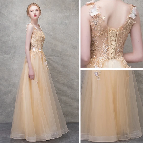 Chic / Belle Champagne Robe De Soirée 2017 Princesse Papillon En Dentelle Fleur Perlage Paillettes Encolure Dégagée Dos Nu Sans Manches Longueur Cheville Robe De Ceremonie