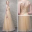 Chic / Belle Champagne Robe De Soirée 2017 Princesse Papillon En Dentelle Fleur Perlage Paillettes Encolure Dégagée Dos Nu Sans Manches Longueur Cheville Robe De Ceremonie