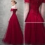 Snygga / Fina Burgundy Aftonklänningar 2017 Prinsessa Spets Blomma Kristall Beading Av Axeln Halterneck Korta ärm Ankellång Formella Klänningar