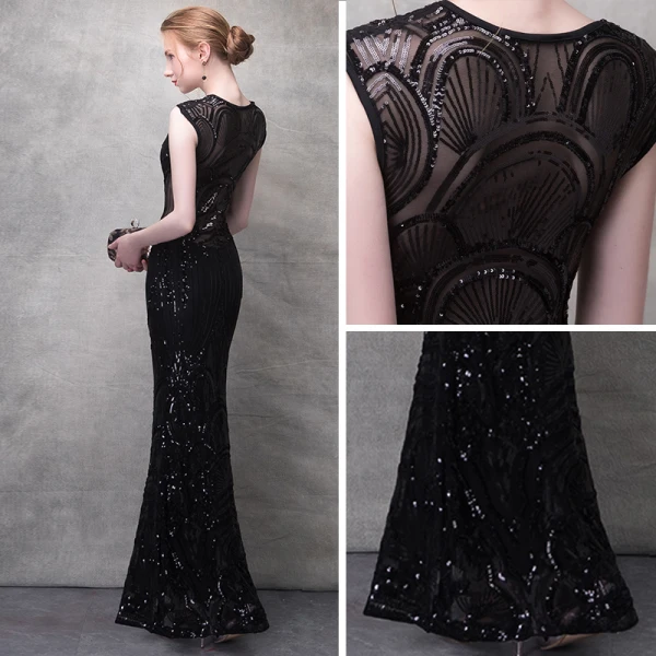 Sexy Noir Robe De Soirée 2017 Trompette / Sirène En Dentelle Fleur Cristal Paillettes Percé V-Cou Dos Nu Sans Manches Longueur Cheville Robe De Ceremonie