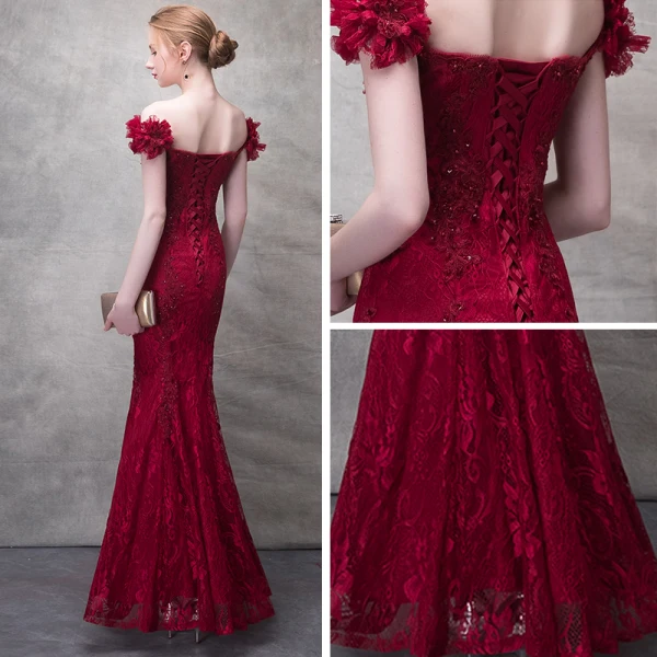 Chic / Belle Bordeaux Robe De Soirée 2017 Trompette / Sirène En Dentelle Fleur Perlage Paillettes Fleurs Artificielles De l'épaule Dos Nu Sans Manches Longueur Cheville Robe De Ceremonie