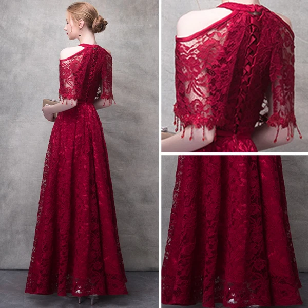 Chic / Beautiful Burgundy Evening Dresses 2017 A-Line / Princess Lace Flower Beading Crystal Sequins Bow Halter Strapless 1/2 Sleeves Ankle Length Formal Dresses