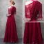 Chic / Beautiful Burgundy Evening Dresses  2017 A-Line / Princess Lace Flower Beading Crystal Sequins Bow Halter Strapless 1/2 Sleeves Ankle Length Formal Dresses