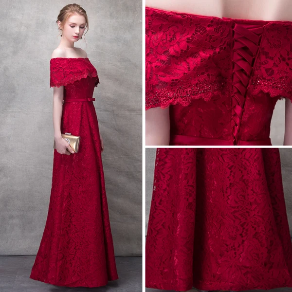 Snygga / Fina Burgundy Slits Fram Aftonklänningar 2017 Prinsessa Spets Blomma Rhinestone Rosett Av Axeln Halterneck Korta ärm Ankellång Formella Klänningar