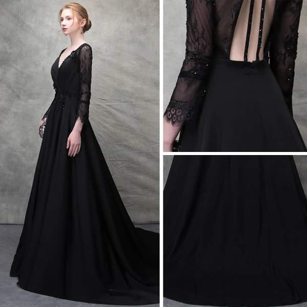 Chic / Belle Noir Robe De Soirée 2017 Princesse Perlage Cristal En Dentelle Fleurs Artificielles Percé V-Cou Dos Nu Manches Longues Train De Balayage Robe De Ceremonie