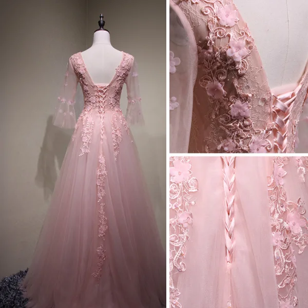 Chic / Belle Perle Rose Robe De Soirée 2017 Princesse En Dentelle Fleur Perlage Fleurs Artificielles V-Cou Dos Nu 3/4 Manches Longue Robe De Ceremonie