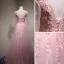 Chic / Belle Perle Rose Robe De Soirée 2017 Princesse En Dentelle Fleur Perlage Fleurs Artificielles V-Cou Dos Nu 3/4 Manches Longue Robe De Ceremonie