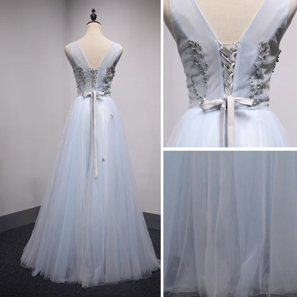 Chic / Beautiful Sky Blue Evening Dresses 2017 A-Line / Princess Lace Flower Pearl Bow V-Neck Backless Sleeveless Floor-Length / Long Formal Dresses