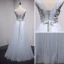 Chic / Beautiful Sky Blue Evening Dresses 2017 A-Line / Princess Lace Flower Pearl Bow V-Neck Backless Sleeveless Floor-Length / Long Formal Dresses