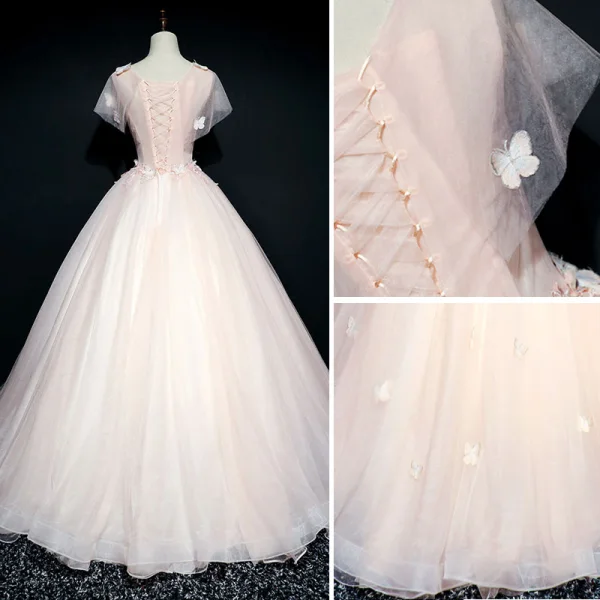 Chic / Beautiful Prom Dresses 2017 Ball Gown Lace Flower Artificial Flowers Butterfly Pearl Scoop Neck Short Sleeve Floor-Length / Long Formal Dresses