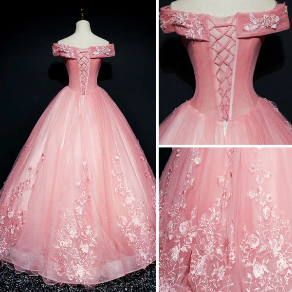 Chic / Belle Robe De Bal 2017 Robe Boule En Dentelle Fleur Perle Paillettes De l'épaule Dos Nu Manches Courtes Longue Robe De Ceremonie