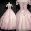 Chic / Beautiful Pearl Pink Prom Dresses 2017 Ball Gown Lace Flower Pearl Rhinestone Off-The-Shoulder Backless Short Sleeve Ankle Length Formal Dresses