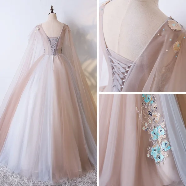 Chic / Beautiful Champagne Prom Dresses 2017 Ball Gown Lace Flower Pearl Artificial Flowers V-Neck Backless Short Sleeve Floor-Length / Long Formal Dresses