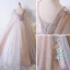 Chic / Beautiful Champagne Prom Dresses 2017 Ball Gown Lace Flower Pearl Artificial Flowers V-Neck Backless Short Sleeve Floor-Length / Long Formal Dresses