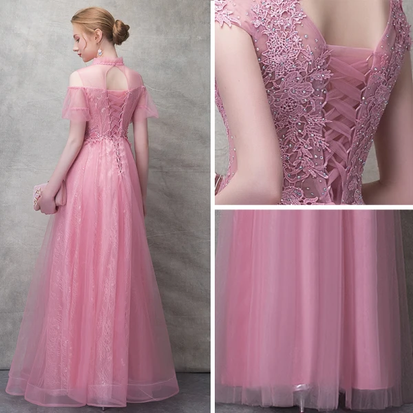 Chic / Beautiful Candy Pink Evening Dresses  2017 A-Line / Princess Flower Lace Rhinestone Scoop Neck Backless Short Sleeve Ankle Length Formal Dresses