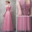 Chic / Beautiful Candy Pink Evening Dresses  2017 A-Line / Princess Flower Lace Rhinestone Scoop Neck Backless Short Sleeve Ankle Length Formal Dresses