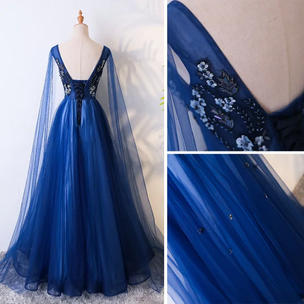 Chic / Beautiful Royal Blue Evening Dresses 2017 A-Line / Princess Lace Flower Crystal Beading Scoop Neck Backless Sleeveless Floor-Length / Long Formal Dresses