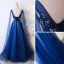 Chic / Beautiful Royal Blue Evening Dresses  2017 A-Line / Princess Lace Flower Crystal Beading Scoop Neck Backless Sleeveless Floor-Length / Long Formal Dresses