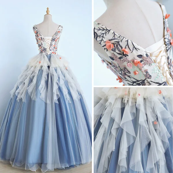 Schöne Himmelblau Ballkleider 2017 Ballkleid Stickerei Pailletten Applikationen Rundhalsausschnitt Rückenfreies Ärmellos Knöchellänge Festliche Kleider