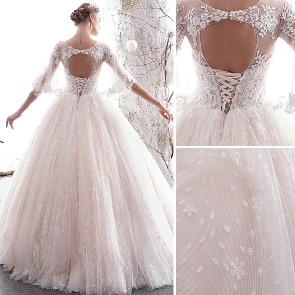 Elegant Champagne Wedding Dresses 2019 A-Line / Princess Short Sleeve Beading Lace Flower Scoop Neck Backless Floor-Length / Long