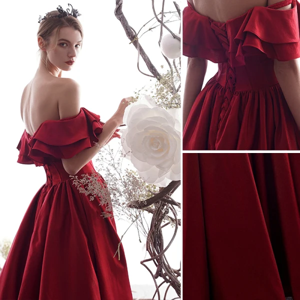 Elegante Burgunderrot Abendkleider 2019 A Linie Off Shoulder Rüschen Kurze Ärmel Rückenfreies Lange Festliche Kleider