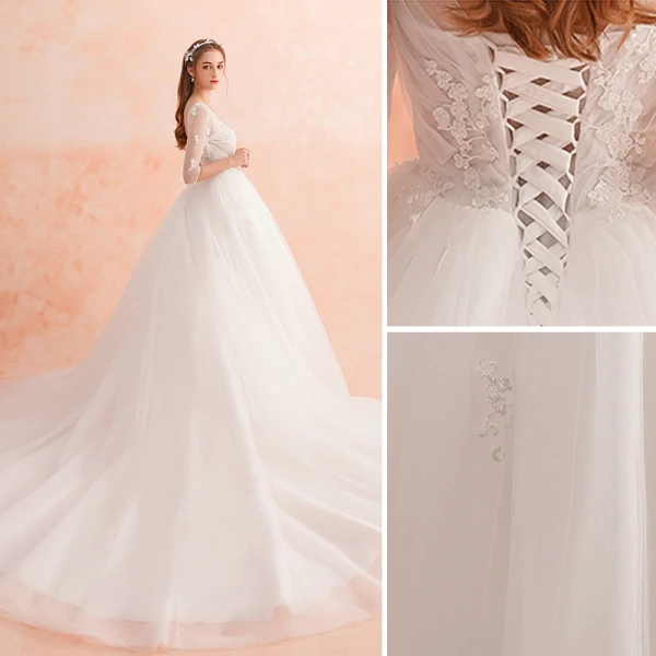 Elegant Ivory Wedding Dresses 2019 A-Line / Princess V-Neck Lace Flower Pearl 3/4 Sleeve Backless Cathedral Train