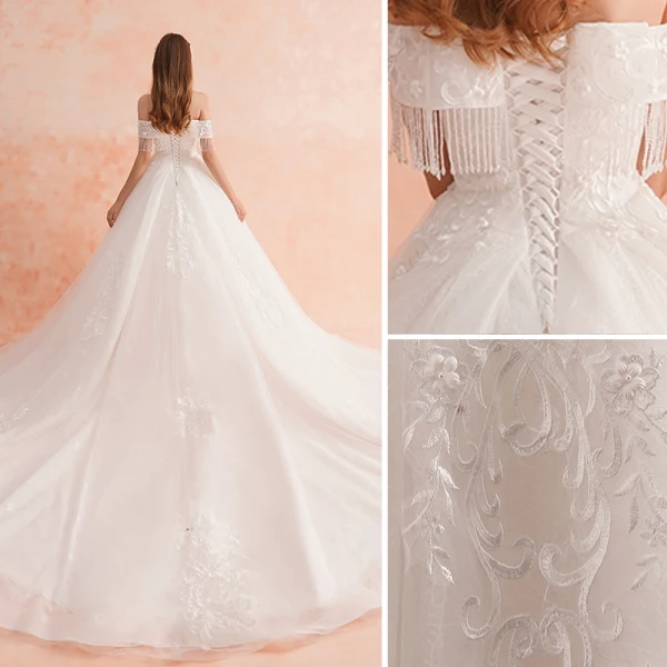 Charming Ivory Wedding Dresses 2019 A-Line / Princess Off-The-Shoulder Beading Tassel Lace Flower Appliques Pearl Short Sleeve Backless Royal Train