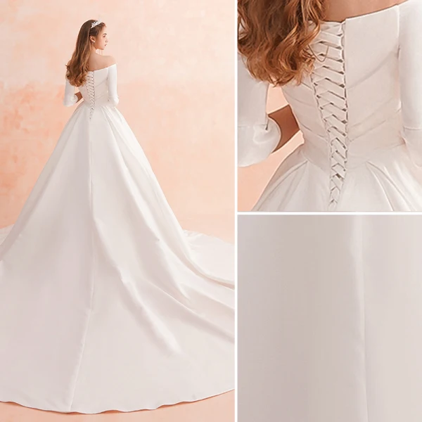 Modest / Simple Ivory Winter Wedding Dresses 2019 A-Line / Princess Off-The-Shoulder 1/2 Sleeves Backless Royal Train