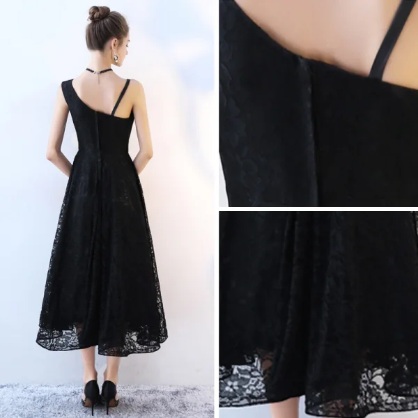 Chic / Beautiful Black Homecoming Graduation Dresses 2017 A-Line / Princess Amazing / Unique V-Neck Backless Sleeveless Tea-length Formal Dresses