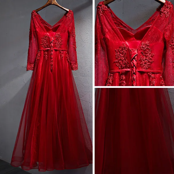 Chic / Belle Bordeaux Robe De Soirée 2017 Princesse En Dentelle Cristal Ceinture Dos Nu V-Cou Manches Longues Longueur Cheville Robe De Ceremonie