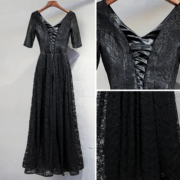 Chic / Belle Noire Robe De Soirée 2017 Princesse Dentelle V-Cou Dos Nu 1/2 Manches Longueur Cheville Robe De Ceremonie