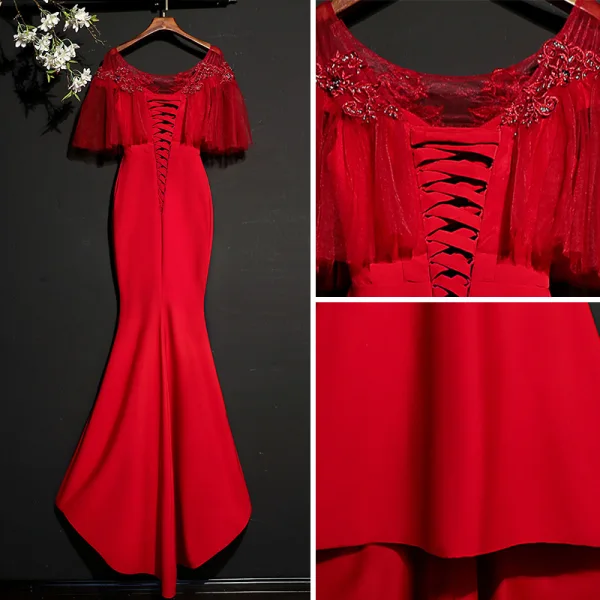 Chic / Beautiful Burgundy Evening Dresses  2017 Trumpet / Mermaid Lace Beading Scoop Neck Backless Sweep Train Formal Dresses