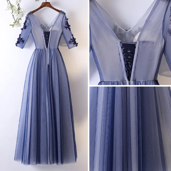 Chic / Beautiful Ocean Blue Evening Dresses 2017 A-Line / Princess Lace Flower Appliques Crystal V-Neck Backless 1/2 Sleeves Ankle Length Formal Dresses