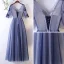 Chic / Beautiful Ocean Blue Evening Dresses  2017 A-Line / Princess Lace Flower Appliques Crystal V-Neck Backless 1/2 Sleeves Ankle Length Formal Dresses