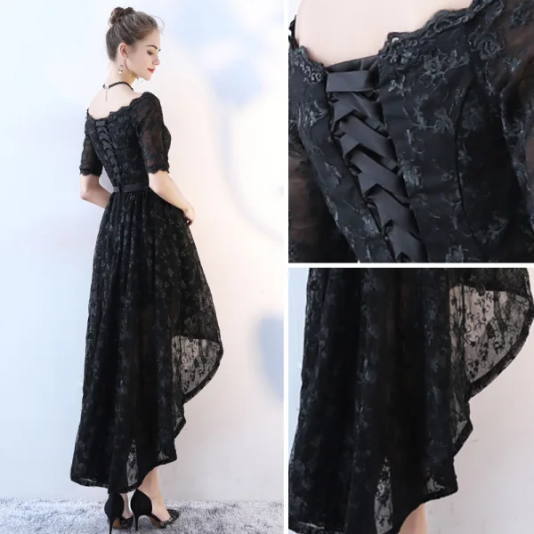 Chic / Belle Noir Robe De Cocktail 2017 Princesse Dentelle V-Cou Dos Nu Manches Courtes Asymétrique Robe De Ceremonie