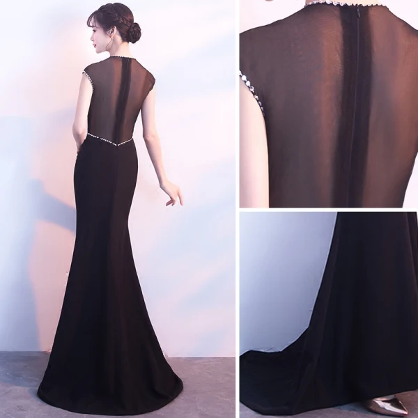 Sexy Noire Robe De Soirée 2017 Trompette / Sirène Paillettes Fendue devant Encolure Dégagée Sans Manches Longue Percé Robe De Ceremonie