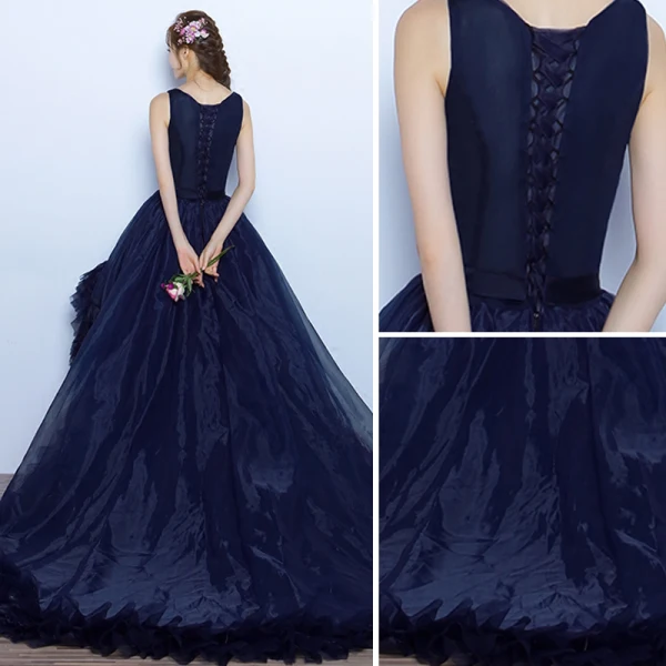 Chic / Beautiful Navy Blue Evening Dresses  2017 Ball Gown Bow Appliques Artificial Flowers Pearl Scoop Neck Sleeveless Asymmetrical Formal Dresses