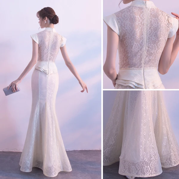 Elegant Champagne Evening Dresses 2017 Trumpet / Mermaid Lace Embroidered Pearl High Neck Cap Sleeves Floor-Length / Long Formal Dresses