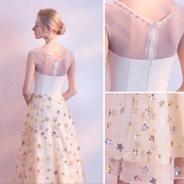 Élégant Champagne de retour Robe De Graduation 2017 Princesse Étoile V-Cou Dos Nu Sans Manches Thé Longueur Robe De Ceremonie